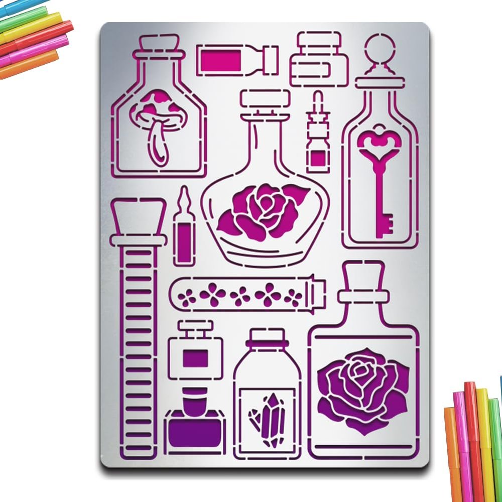 MAYJOYDIY Potion Bottle Metal Stencil Journaling Metal Stencils Mushroom Rose Vintage Key Diamond Stainless Steel Template Planner Stencil 5.57.5inch for DIY Engraving Painting Scrapbooking
