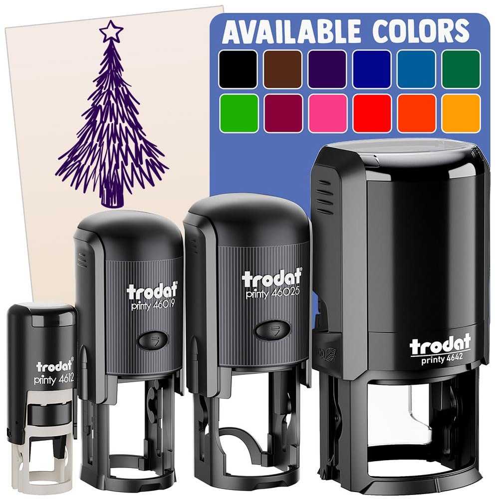 Hand Drawn Christmas Evergreen Tree with Star Self-Inking Rubber Stamp Ink Stamper for Stamping Crafting Planners - 1 Inch Medium - Brown Ink