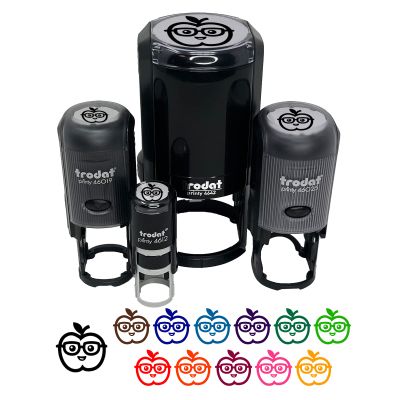 Cute Kawaii Apple Smart with Glasses Self-Inking Rubber Stamp Ink Stamper for Stamping Crafting Planners - 1 Inch Medium - Yellow Ink