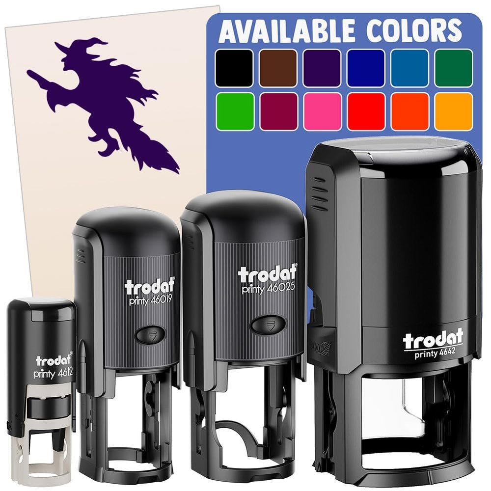 Witch Flying on a Broomstick Halloween Self-Inking Rubber Stamp Ink Stamper for Stamping Crafting Planners - 1 Inch Medium - Purple Ink