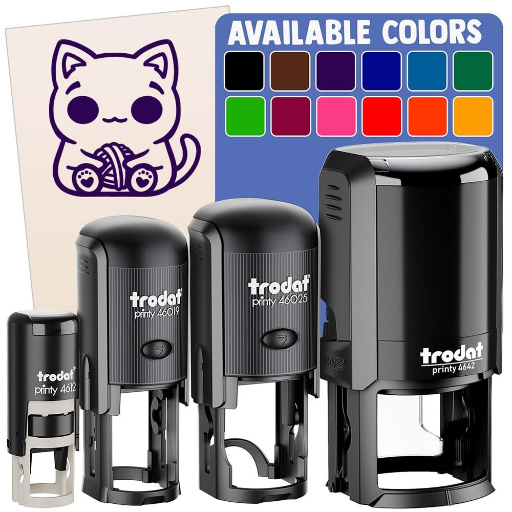 Content Kawaii Chibi Sitting Cat with Ball of Yarn Self-Inking Rubber Stamp Ink Stamper for Stamping Crafting Planners - 1 Inch Medium - Fuchsia Ink