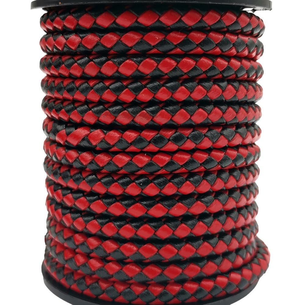 shapesbyX 3 Yards Uncut 5mm Diameter Round Braided Bolo Cords Regenerated Leather Strap for Bracelet Making or Jewelry Beading Black Red