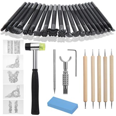 Leather Stamping Tools, Leather Carving Tool Kit with Leather Scriber Pen, Leather Working Hammer and Tracing Paper, for Leather Carving Working