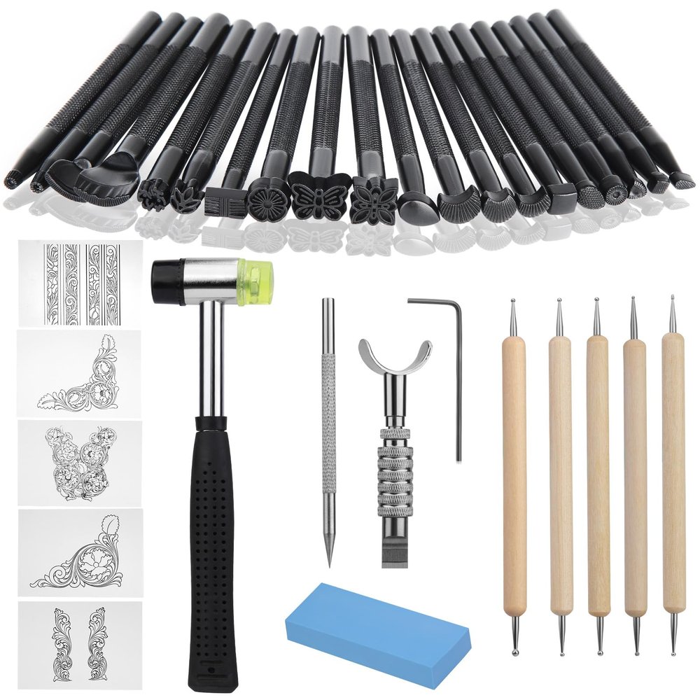 Leather Stamping Tools, Leather Carving Tool Kit with Leather Scriber Pen, Leather Working Hammer and Tracing Paper, for Leather Carving Working