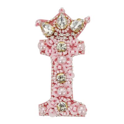 2PCS Pink Pearl Bead Rhinestone Letter Patch Alphabet Applique Rhinestone English Letter Crown for DIY Craft Supplies Sew on Patch (I)