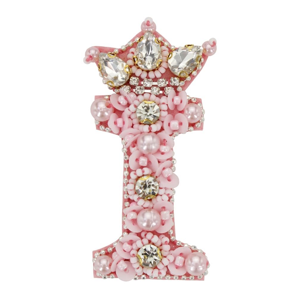 2PCS Pink Pearl Bead Rhinestone Letter Patch Alphabet Applique Rhinestone English Letter Crown for DIY Craft Supplies Sew on Patch (I)