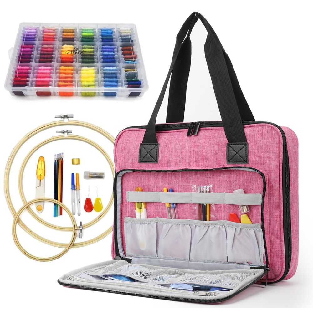 ATTERET Full Range Embroidery and Cross Stitch Starter Kit with Premium Storage Organizer Bag, Includes 99 DMC Coded Cotton Threads, 9 Metallic Floss, 3 Hoops, Needles, Scissors + More (Pink)