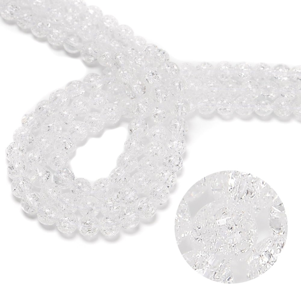 122Pcs(2 Strand/Set) 6mm Clear Crackle Quartz Crystals Natural Stone Beads Round Gemstone Genuine Real Stone Loose for DIY Bracelet Jewelry String Making