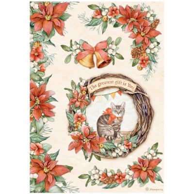 Stamperia Rice Paper Sheet A4-Garland with Cat, All Around Christmas