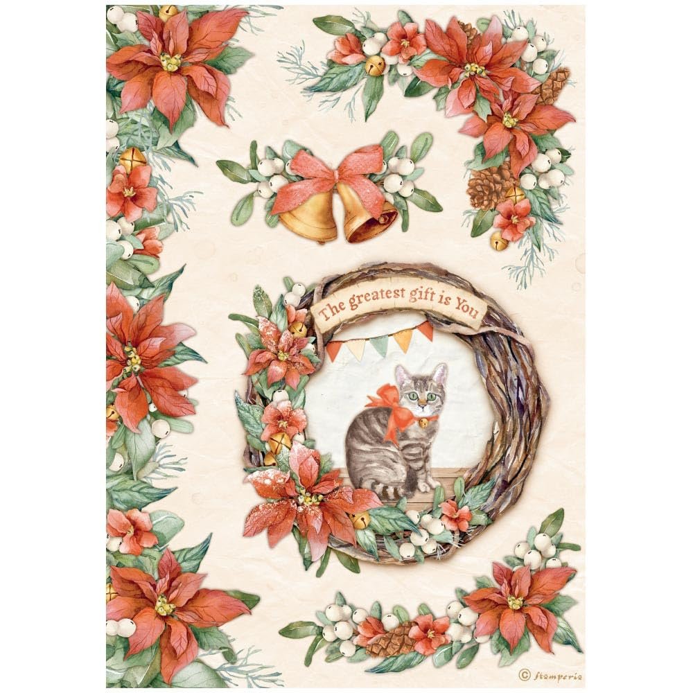 Stamperia Rice Paper Sheet A4-Garland with Cat, All Around Christmas