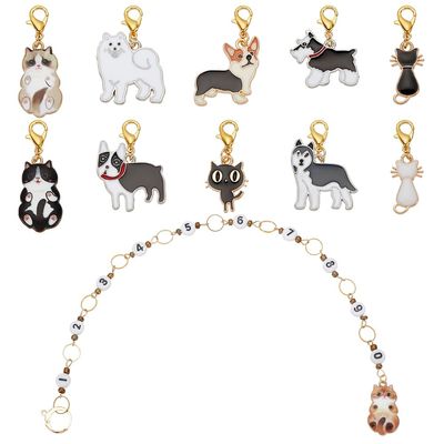 BENECREAT 11Pcs Animal Stitch Marker Charms, Cat Dog Alloy Enamel Charm Locking Markers Acrylic Number Bead Knitting Row Counter Chains with Claw Clasps for Knitting Weaving Sewing Accessories
