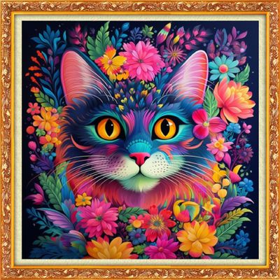 Foxhool Beginners Cross Stitch Kits Stamped Full Range of Embroidery Kits for Adults DIY Cross Stitches kit Embroidery Patterns for Needlepoint kit-Colorful Flower Cat 17.7x17.7 inch