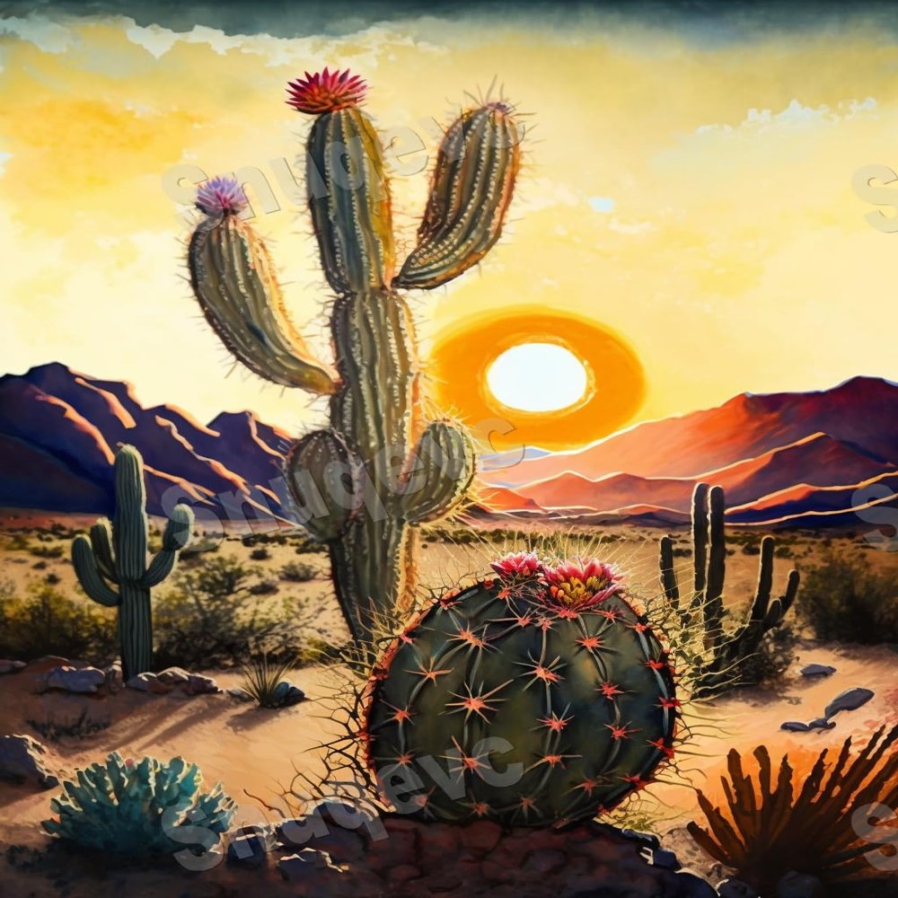 Snuqevc 5D Diamond Painting Kits Desert Sunset Cactus, DIY Beginner Rhinestone Decal Encrusted Diamond Set Crafts, Suitable for Wall Decor Classroom Decor (12x16inch)