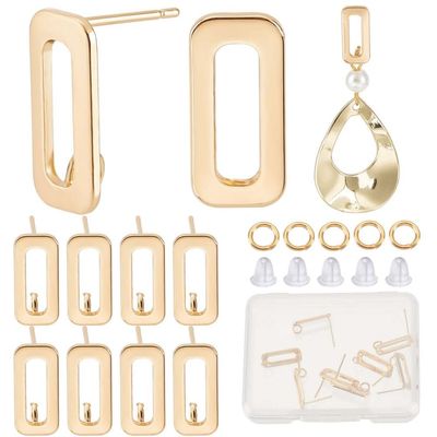 CREATCABIN 1 Box 78Pcs 18K Gold Plated Brass Rectangle Earring Studs with Vertical Loops, Ear Nuts, Open Jump Rings for DIY Jewelry Making, 0.6x0.3 in
