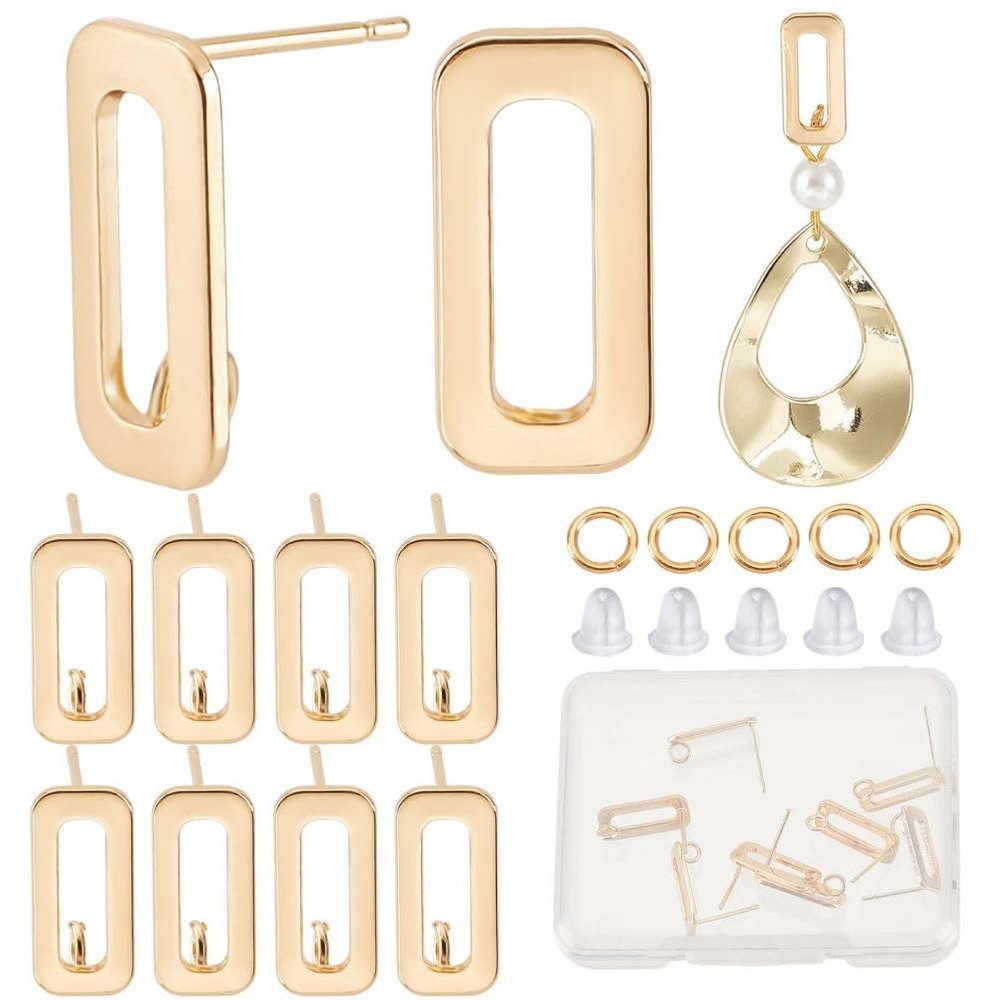 CREATCABIN 1 Box 78Pcs 18K Gold Plated Brass Rectangle Earring Studs with Vertical Loops, Ear Nuts, Open Jump Rings for DIY Jewelry Making, 0.6x0.3 in