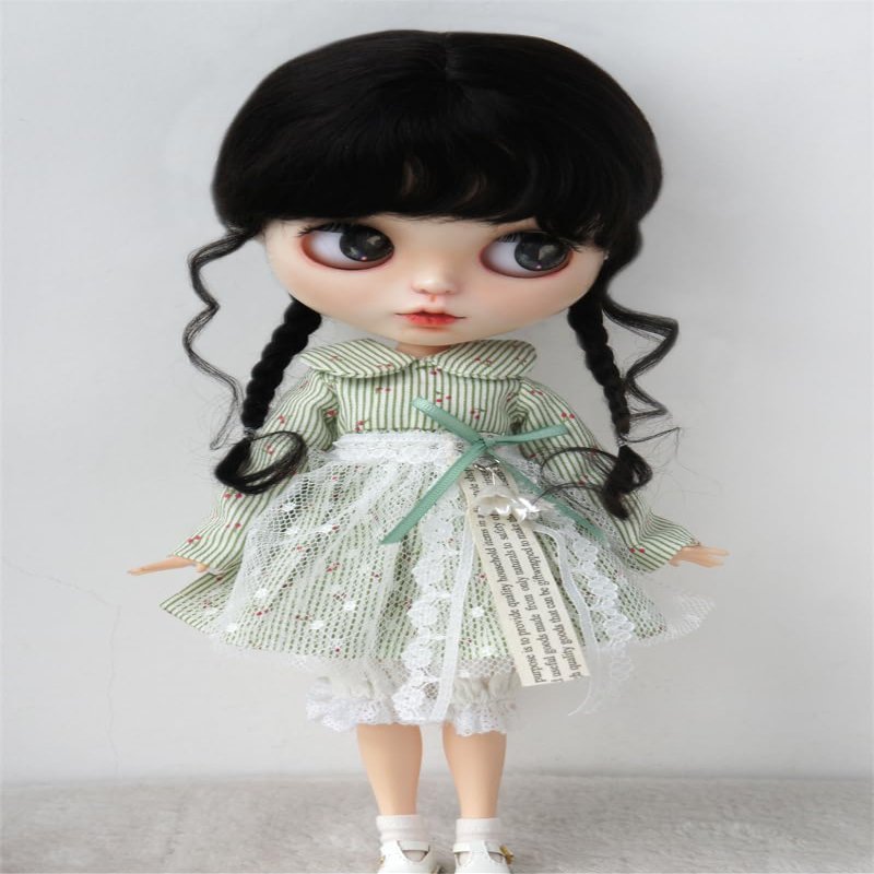 D2033B 10-11inch 26-28CM Country Girl Long Twins Braids Combed Mohair Doll Wigs (Nature Black)
