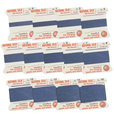 Griffin Silk Bead Cord Perlseide Blue Color Size Assortment 0-16 2 Meters per Card Stainless Steel Needle Attached for Knotting Pearls, Gemstones, Crystals and Beads