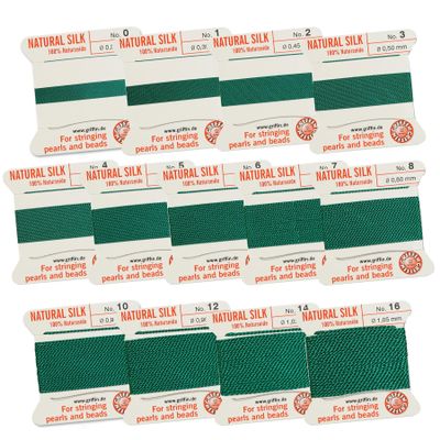 Griffin Silk Bead Cord Perlseide Green Color Size Assortment 0-16 2 Meters per Card Stainless Steel Needle Attached for Knotting Pearls, Gemstones, Crystals and Beads