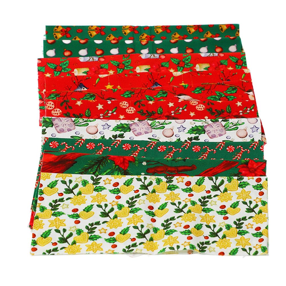 10 Pieces Christmas Fabric Bundles Sewing Quilting Craft Multi Color Cotton Patchwork Christmas Bells Tree Printing Fabric for DIY Dress Apron Party Supplies