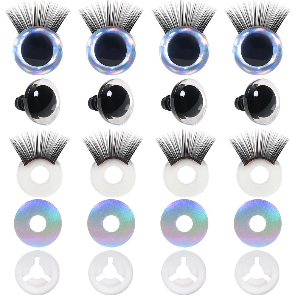 TOAOB 4 Sets 25mm Safety Eyes Glitter Safety Eyes with Washers and Eyelashes for Amigurumis Silver Plastic Craft Crochet Eyes for DIY Puppet Stuffed Animals Doll Making