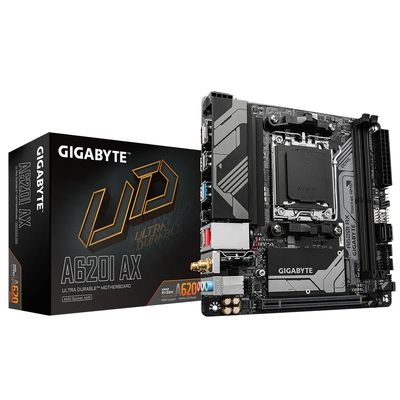 Gigabyte A620I AX Motherboard - Supports AMD Ryzen 8000 CPUs, 5+2+1 Phases Digital VRM, up to 6400MHz DDR5 (OC), 1xPCIe 4.0 M.2, Wi-Fi 6E, 2.5GbE LAN, USB 3.2 Gen 2