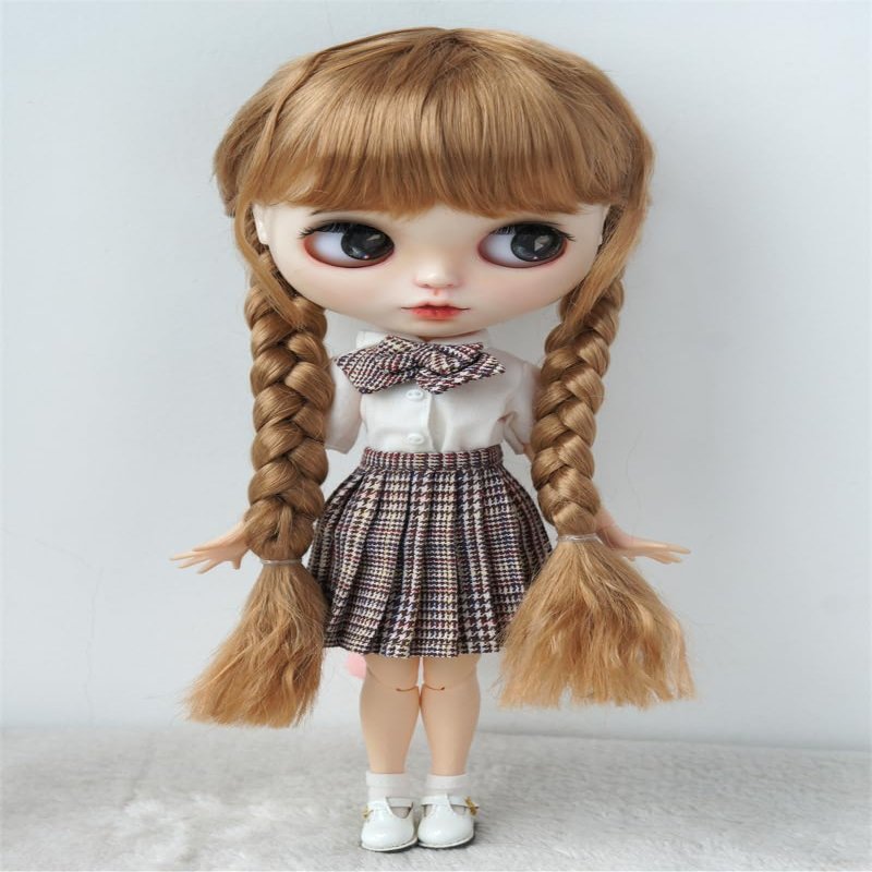JD691 10-11inch 26-28cm Twins Long Country Girl Braids Full Bangs Synthetic Mohair Doll Wigs (10-11inch, Sugar Brown)