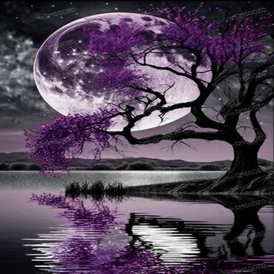 Purple Tree & Full Moon Diamond Painting - Oil Painting Lake Diamond Art Kits for Adults, Full Round Gemstone Crystal Cross Stitch Kit, for Wall Decor & Club Decor (16 X 24 Inch)