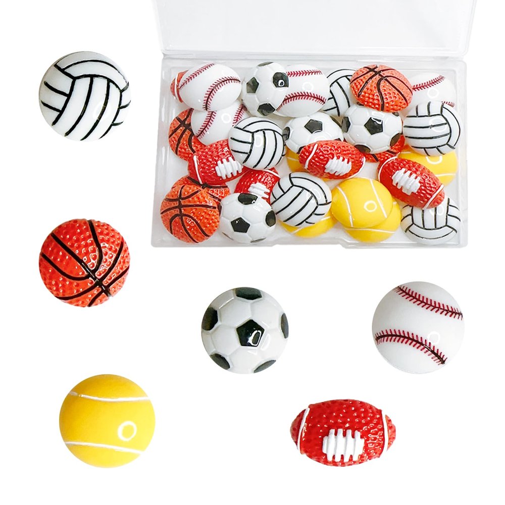 DANUDON Sport Ball Flatback Resin Charms, 30PCS Large Basketball Football Volleyball Baseball No Hole Beads Resin Cabochons Beads with Box for DIY Scrapbooking Phone Case, 27mm