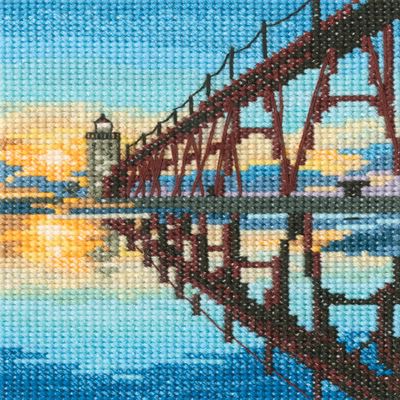 RTO Cross Stitch Embroidery Kits for Adults Landscape, Sea Theme - Bridge to Manistee North pierhead Lighthouse 9x13.5cm/3.5x5.3 14CT
