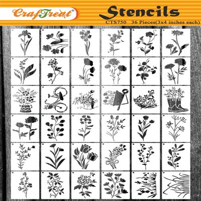 CrafTreat 36-Piece Wildflower Stencils (3x4), DIY Reusable Stencils for Crafts, Clothes, Furniture, Decoration, Walls