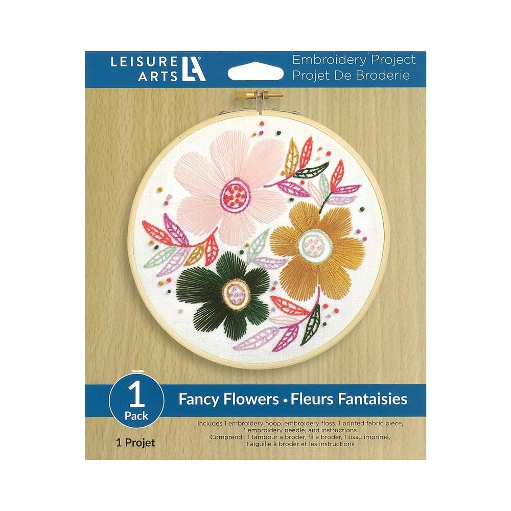 LEISURE ARTS Embroidery Kit 6" Fancy Flowers - Embroidery Kit for Beginners and Adults, Cross Stitch Kits with Patterns, DIY Starter Set for Seasonal Craft Projects