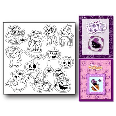 Arbuya Halloween Cat Clear Stamps for Card Making or Journaling Halloween Pumpkin Witch Spider Cute Kitten Transparent Silicone Stamps for Scrapbooking Albums Paper Crafting