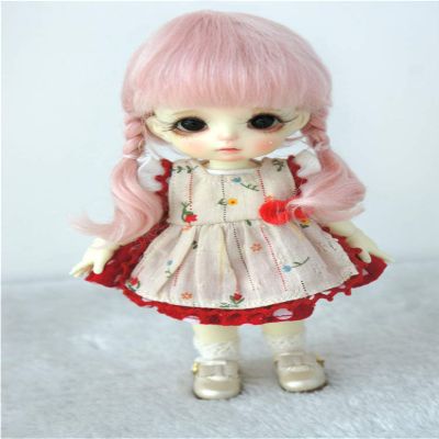 Lati Yellow Mohair Toy Wigs JD143 5-6inch 13-15cm Short Twins Braids Anna BJD Hair OB11 1/8 Doll Accessories (Pink)