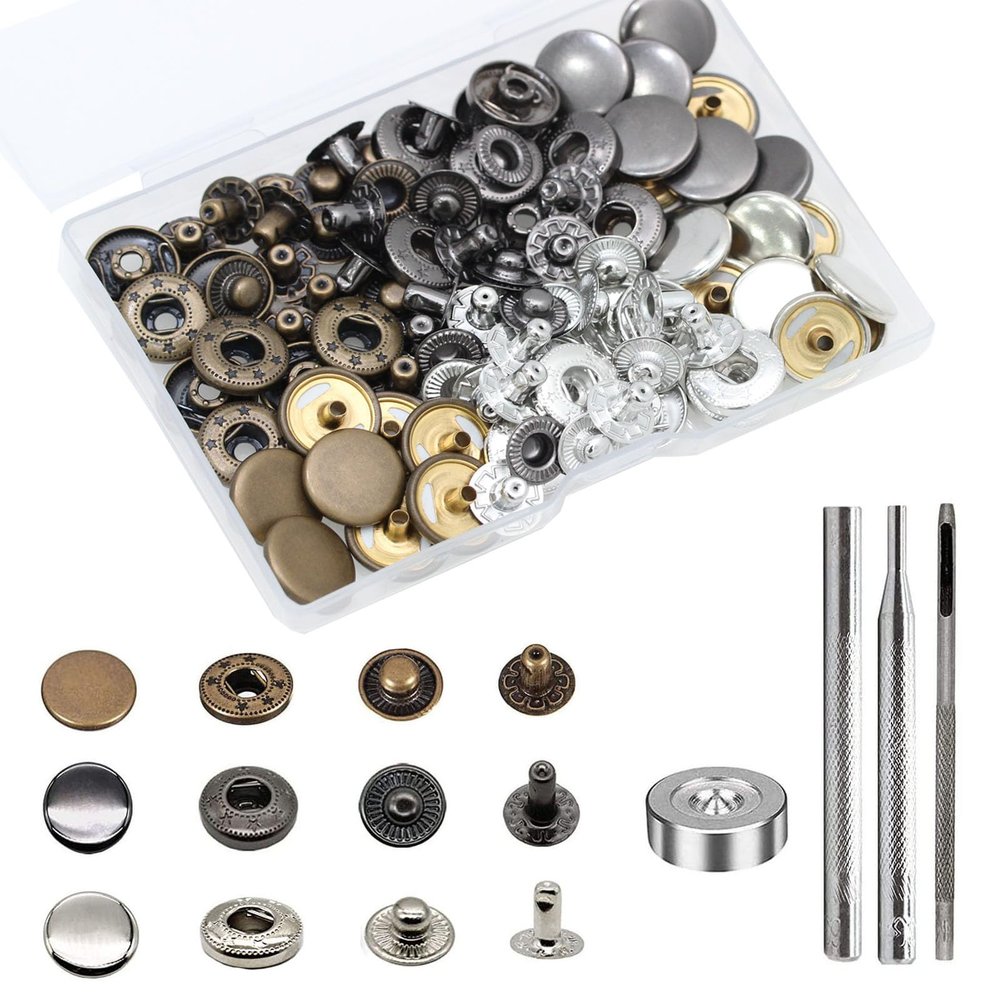 BetterJonny 24 Sets Heavy Duty Leather Snap Fasteners Kit, 15mm Metal Snap Buttons Press Studs Leather Rivets Snaps with 4 Setter Tools for Clothes Bracelet Jackets Jeans, 3 Color