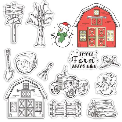 CRASPIRE Farm Clear Rubber Stamps Christmas Snowman Signpost Haystack Tractor Tree Fence Birdie Word Transparent Vintage Postmark Silicone Seals Stamp Journaling Card Making DIY Scrapbooking