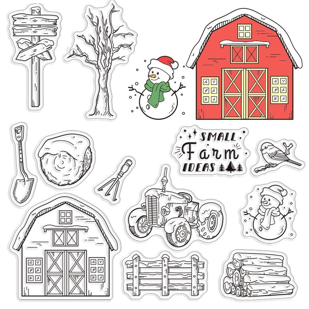 CRASPIRE Farm Clear Rubber Stamps Christmas Snowman Signpost Haystack Tractor Tree Fence Birdie Word Transparent Vintage Postmark Silicone Seals Stamp Journaling Card Making DIY Scrapbooking