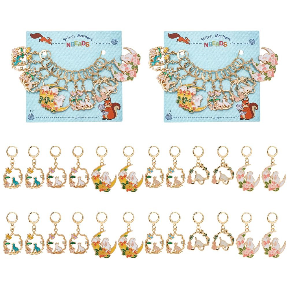 NBEADS 24 Pcs Cat Rabbit Stitch Markers, Flower Moon Enamel Crochet Stitch Marker 304 Stainless Steel Clasps Locking Stitch Marker for Knitting Weaving Sewing Jewelry Making