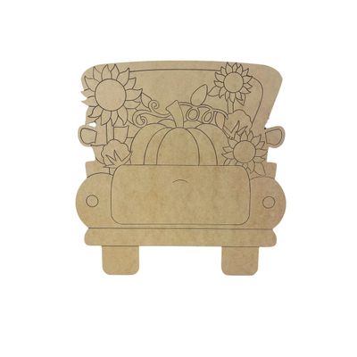 Fall Truck with Pumpkin, Sunflowers and Cotton, Fall Shape, Unfinished Wood Cutout, Paint by Line, Build-A-Cross