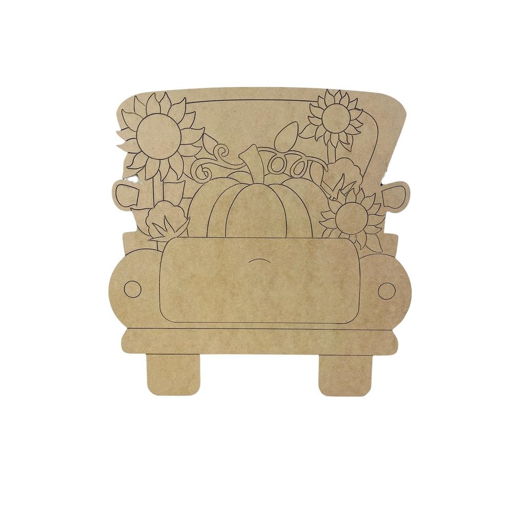 Fall Truck with Pumpkin, Sunflowers and Cotton, Fall Shape, Unfinished Wood Cutout, Paint by Line, Build-A-Cross
