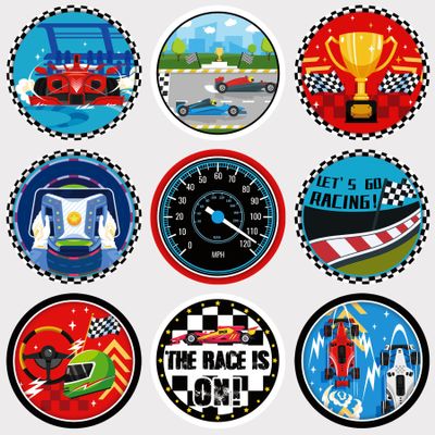 20 Sheets Race Car Party Round Sticker Labels Decoration, Car Racing Decals Party Supplies Favors, Round Racing Car Envelope Seals Paster for Racing Party Decorations (1.5 Inches)