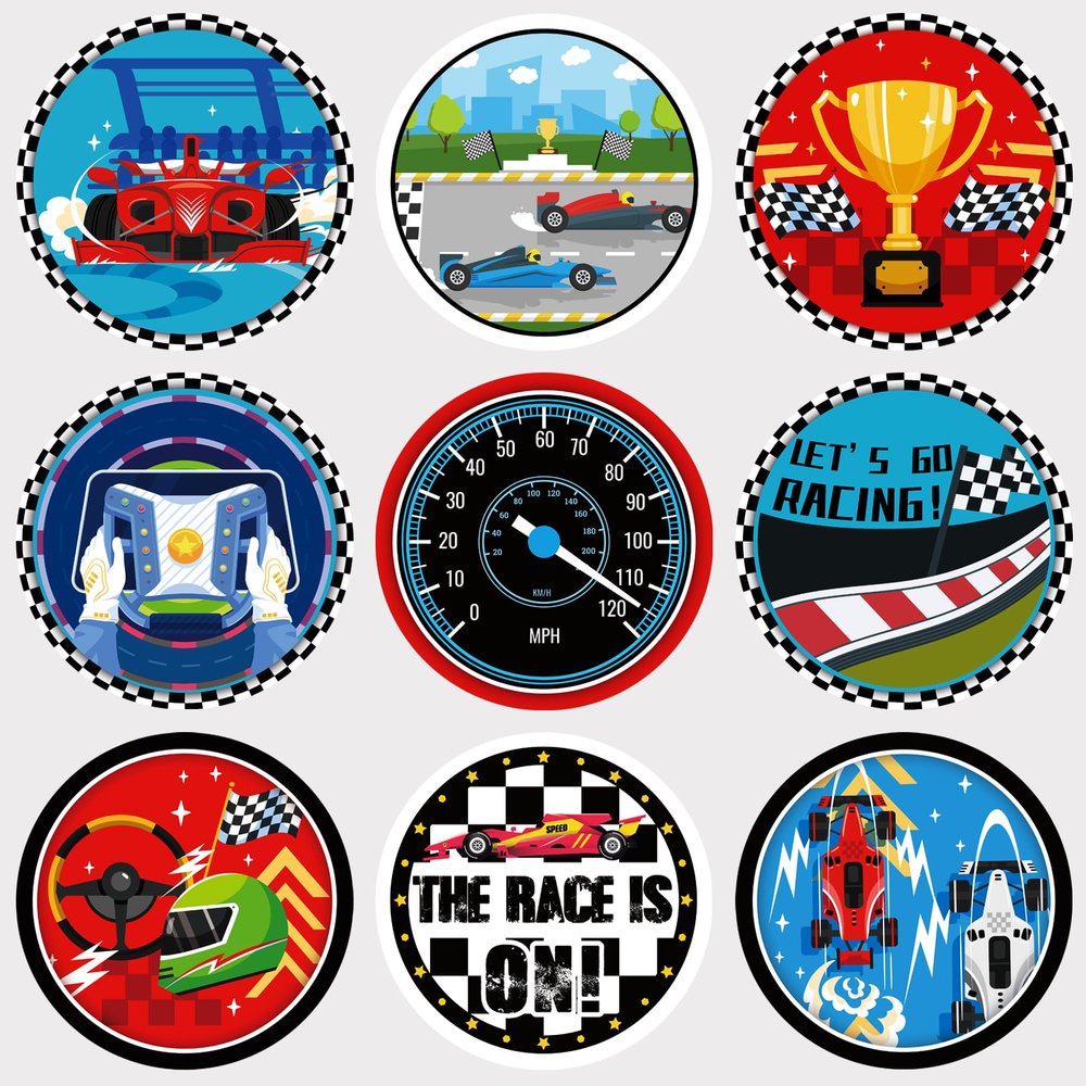 20 Sheets Race Car Party Round Sticker Labels Decoration, Car Racing Decals Party Supplies Favors, Round Racing Car Envelope Seals Paster for Racing Party Decorations (1.5 Inches)