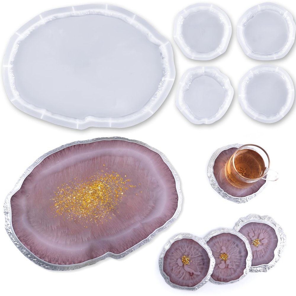 Resin Oval Tray Molds,Large Silicone Tray Molds with 4Pcs Silicone Coaster Molds for Epoxy Resin Casting,DIY Resin Crafts,Home Decoration