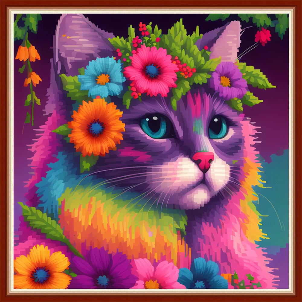 Dimensean Stamped Cross Stitch Kits Full Range of Embroidery Patterns Starter Kits for Beginners Adult DIY Cross Stitches Needlepoint Kits 11CT-Colorful Cat 17.7x17.7 inch