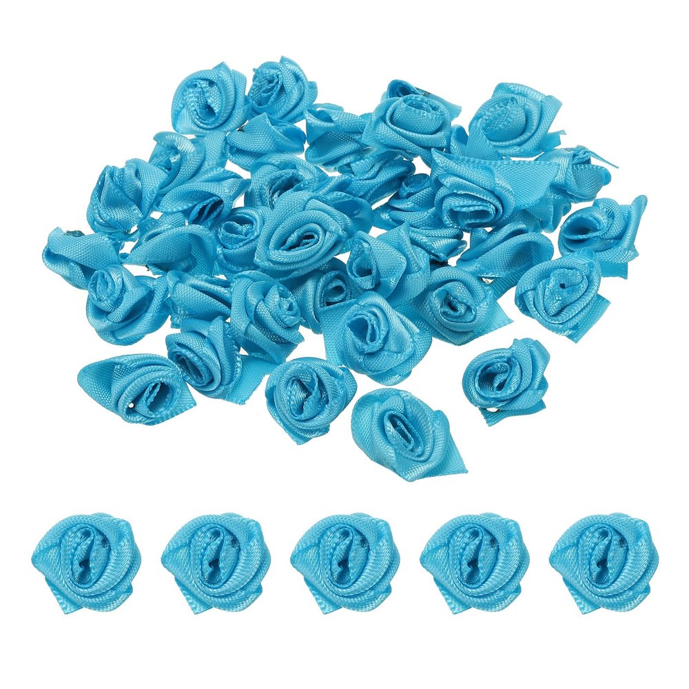 PATIKIL 0.6" Mini Satin Ribbon Roses, 30 Pcs Tiny Fabric Flowers Embellishments Rosettes Applique for DIY Crafts and Wedding, Blue