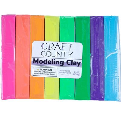 Craft County Modeling Clay 1 lb (Eight Assorted Color Bars) Use for Claymation, Models, and Stop Motion (Neons)