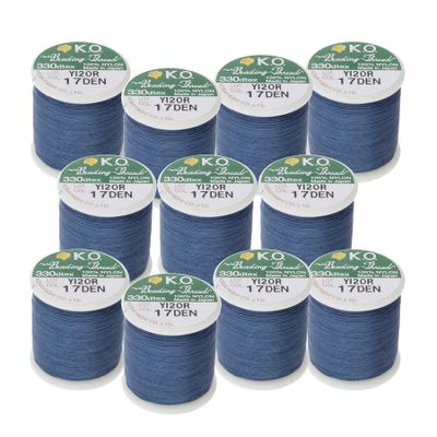 KO Thread, Nylon Beading Thread, Denim Blue Color, Japanese Pre-Waxed 100% Nylon, 330TEX, Tangle Resistant Knotting Cords, 50 Meters, Box of 12 - Use for Seed Bead Projects, Loom Work, Bead Weaving