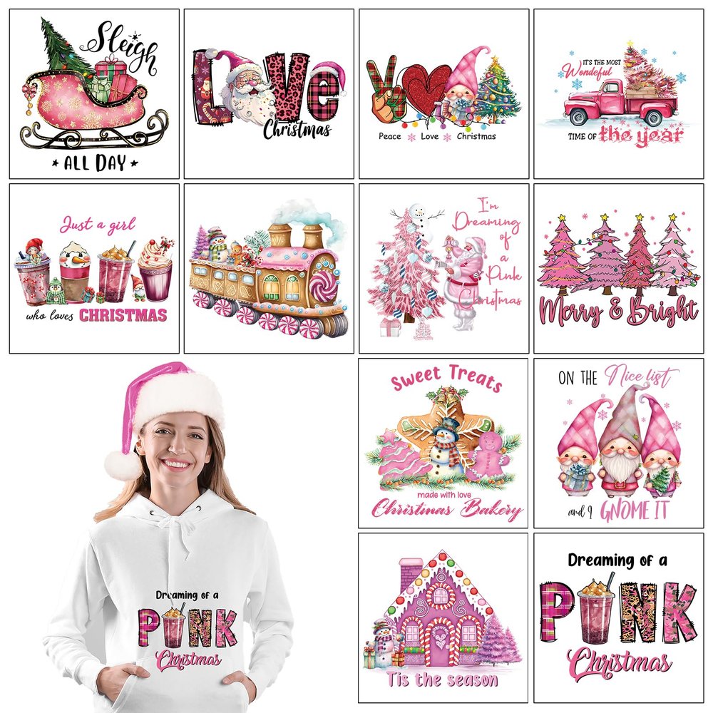 Fumete 12 Sheets Christmas Iron on Transfers for T Shirts Pink Iron on Decals Elk Snowman Tree Applique Stickers Holiday HTV Vinyl Christmas Heat Transfer Paper Stickers for DIY Crafts Xmas Clothes