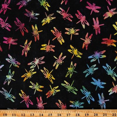 Cotton Batik Dragonfly Dragonflies Rainbow on Black Cotton Fabric Print by The Yard (TONGA-B7126 Black)