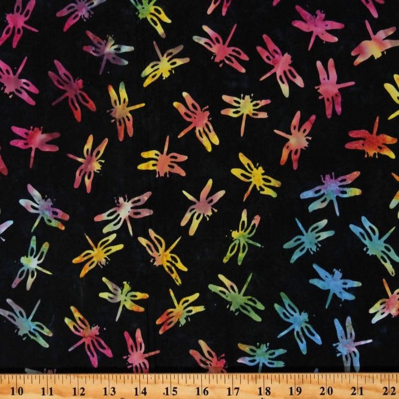 Cotton Batik Dragonfly Dragonflies Rainbow on Black Cotton Fabric Print by The Yard (TONGA-B7126 Black)