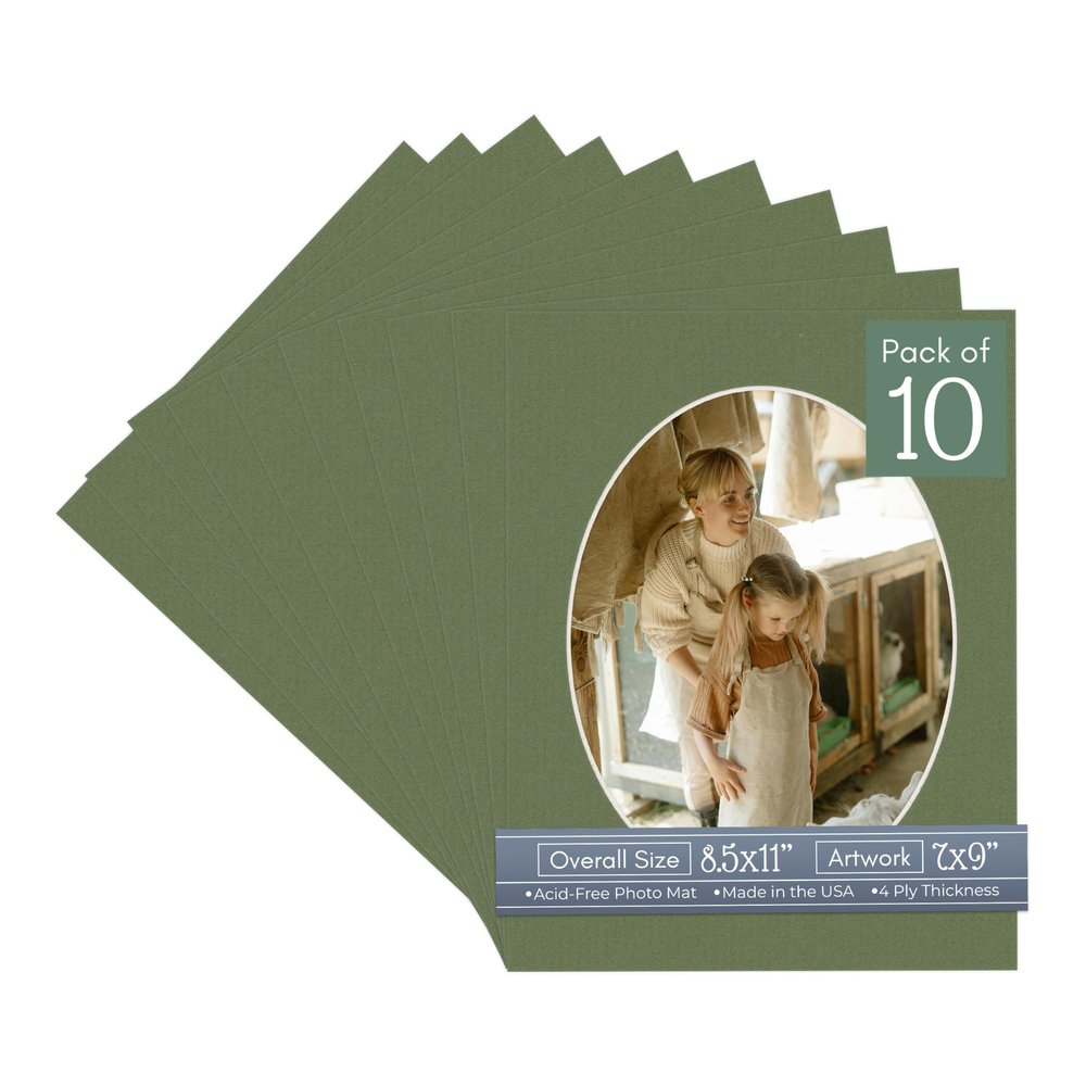 CountryArtHouse Dill Green Acid Free 8.5x11 Oval Picture Frame Mat with White Core Bevel Cut for 7x9 Pictures - Fits 8.5x11 Frame - Pack of 10 Matboard Show Kits with Acid Free Backings & Clear Bags